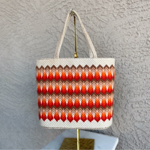 VINTAGE 60s 70s JR Miami Julius Rednik Orange Woven Yarn & Needlepoint Tote Bag - Picture 11 of 11